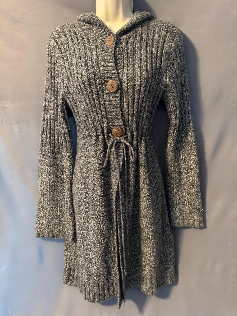 gray marled knit hooded cardigan button down with matching cinch tie juniors XL